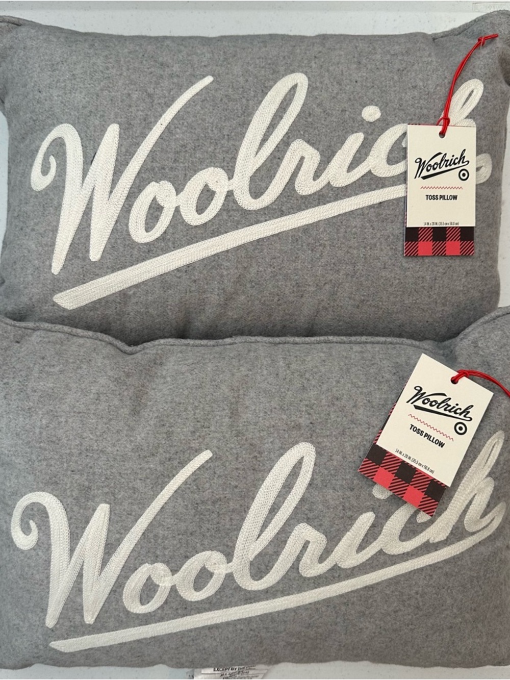 2pcs Woolrich Gray Toss Pillows with White Script Logo